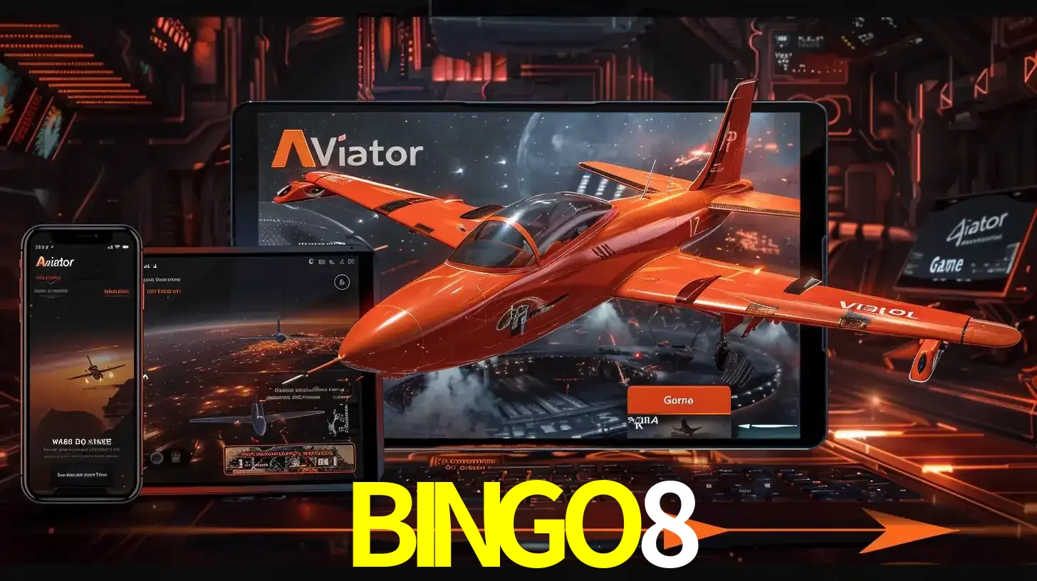 Apresentação tecnológica do jogo Aviator com um avião saindo da tela de um tablet, demonstrando a experiência imersiva em múltiplos dispositivos no BINGO8.