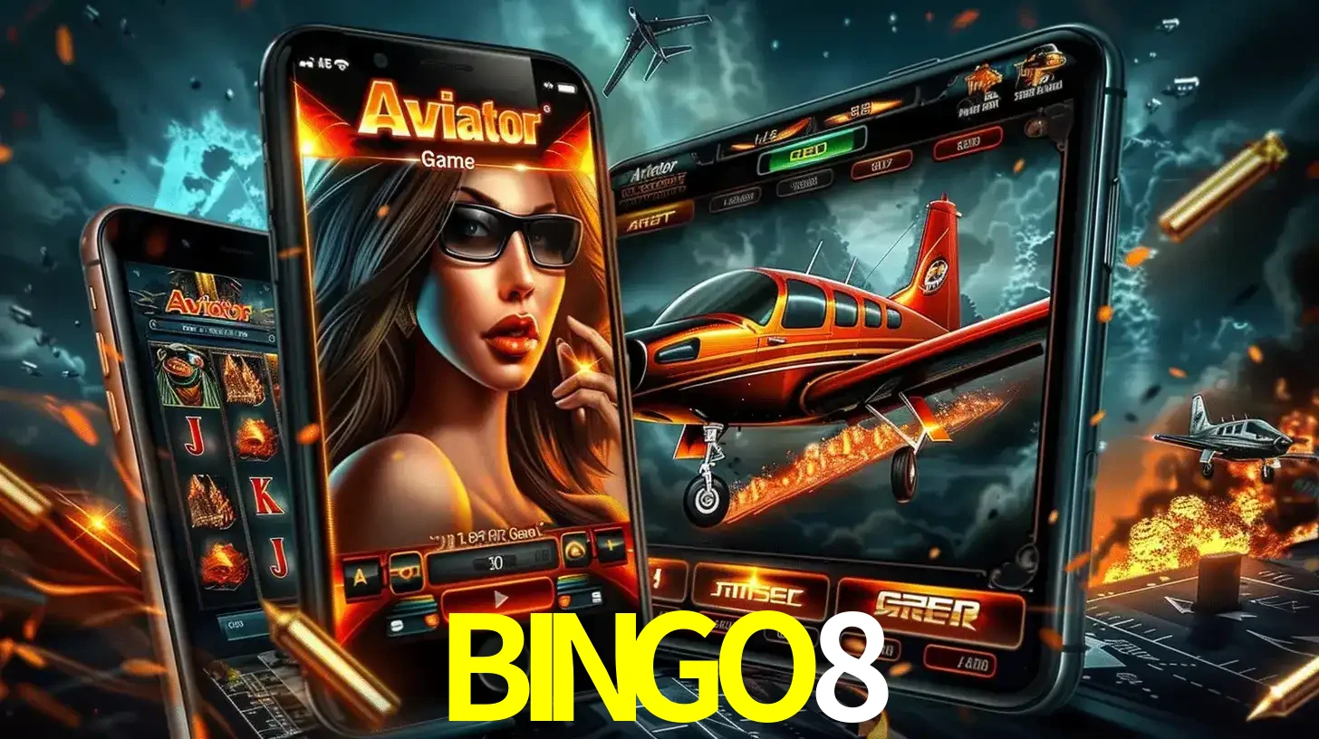 O popular jogo de apostas Aviator exibido em vários celulares e tablets, mostrando a interface emocionante e a ação de voo disponíveis para jogar agora no BINGO8.