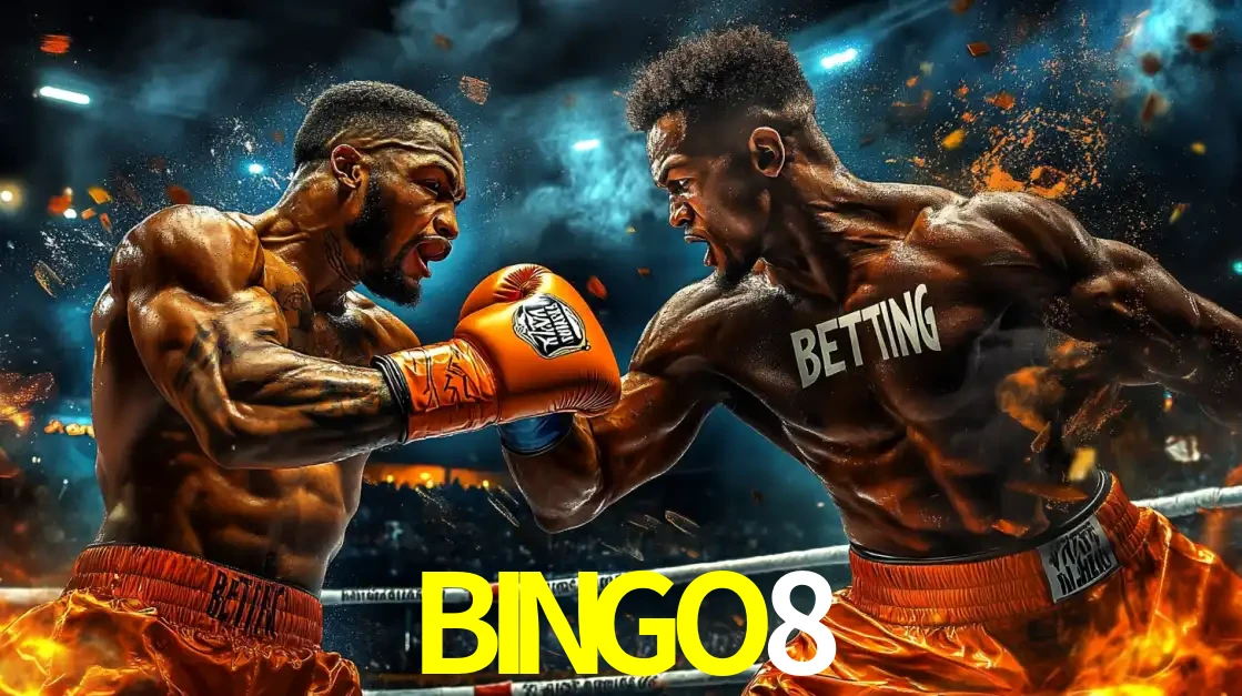 Dois boxeadores em uma luta intensa e explosiva, representando a adrenalina e as oportunidades de apostas em esportes de combate disponíveis na plataforma BINGO8.