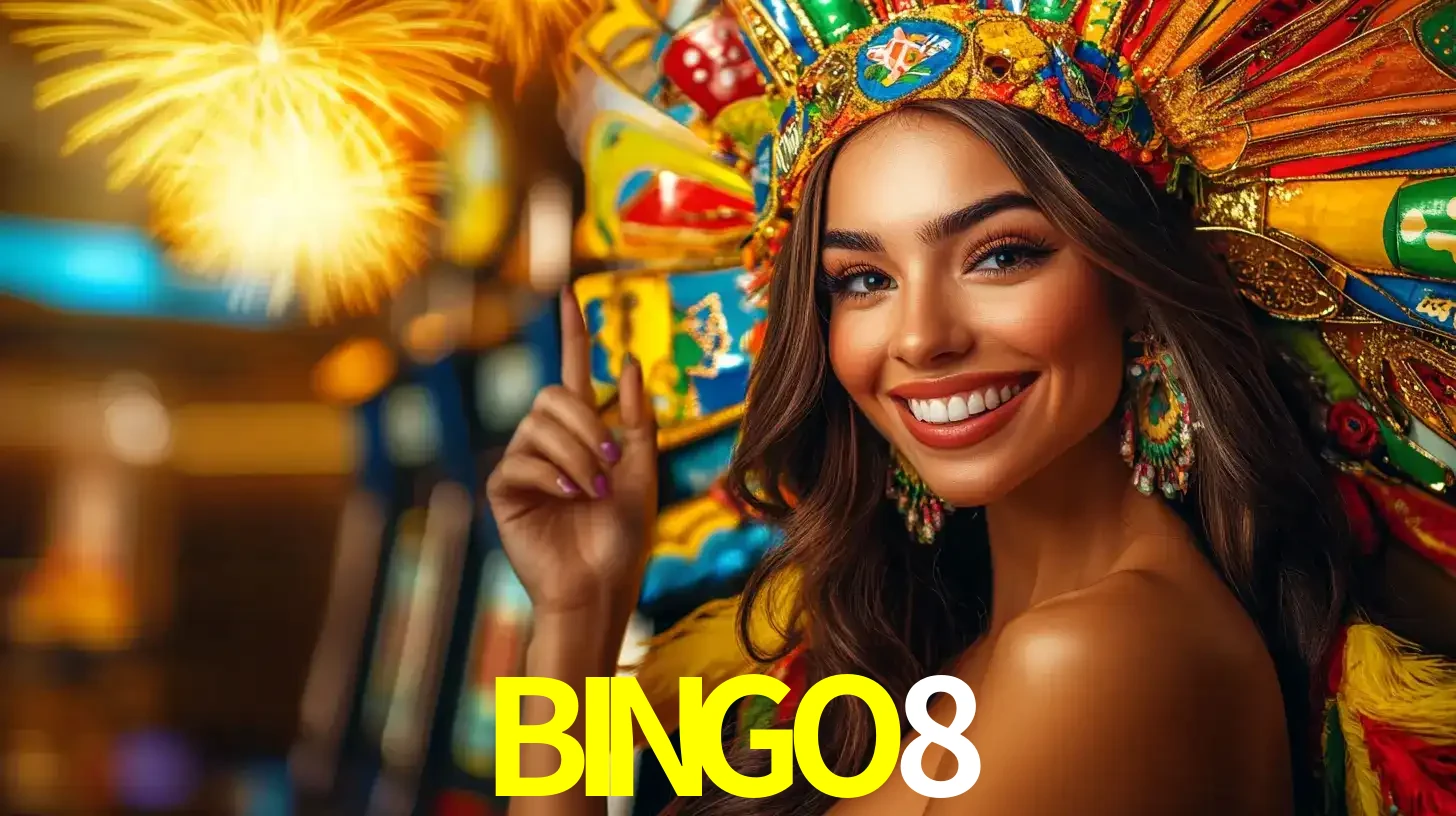 Mulher sorridente com um cocar de carnaval vibrante e colorido, celebrando uma grande vitória nos jogos do cassino BINGO8 com fogos de artifício ao fundo.