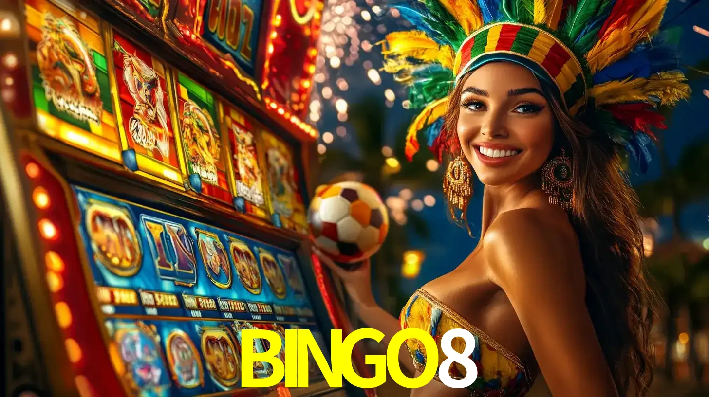 Mulher com um cocar de carnaval ao lado de uma máquina de caça-níqueis enquanto segura uma bola de futebol, mostrando a união da diversão de cassino e esportes no BINGO8.