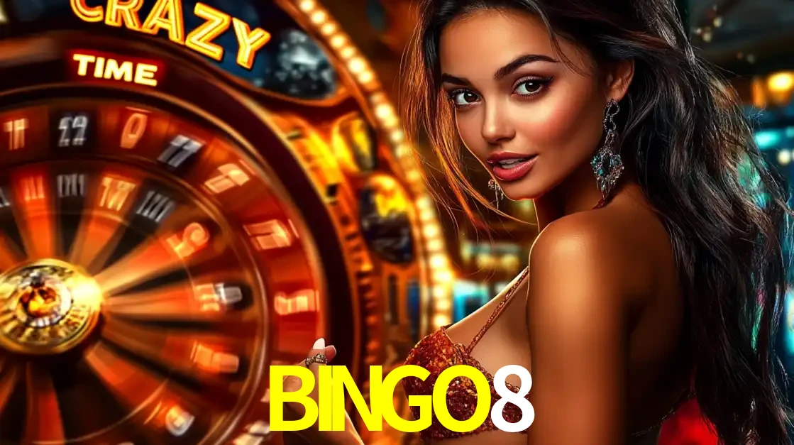 Mulher ao lado da roda de prêmios do jogo de cassino ao vivo Crazy Time, um dos shows de jogos mais emocionantes oferecidos pela plataforma de apostas BINGO8.