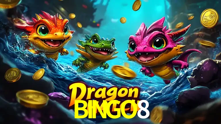 Arte promocional do jogo Dragon Hatch com três adoráveis dragões bebês nadando entre moedas de ouro, um dos slots mais divertidos para jogar no cassino BINGO8.