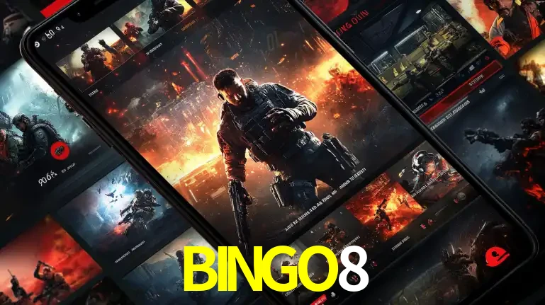 Tela de um celular exibindo uma galeria de jogos de tiro com temática militar, mostrando a variedade de e-sports disponíveis para apostas na plataforma de entretenimento BINGO8.