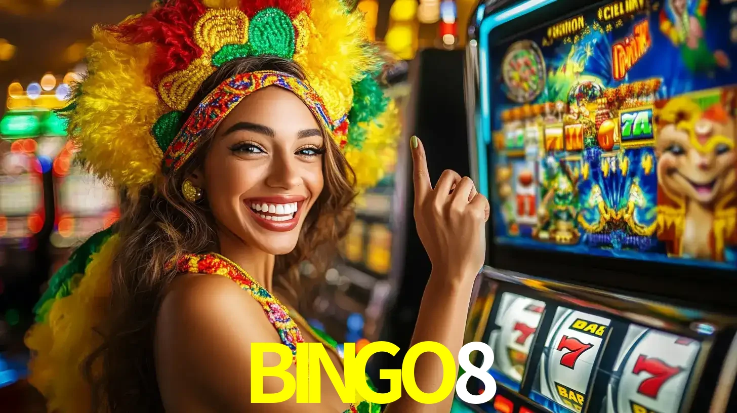 Mulher animada com um cocar de carnaval apontando para uma máquina de caça-níqueis, mostrando a emoção de ganhar um grande prêmio nos jogos do BINGO8.