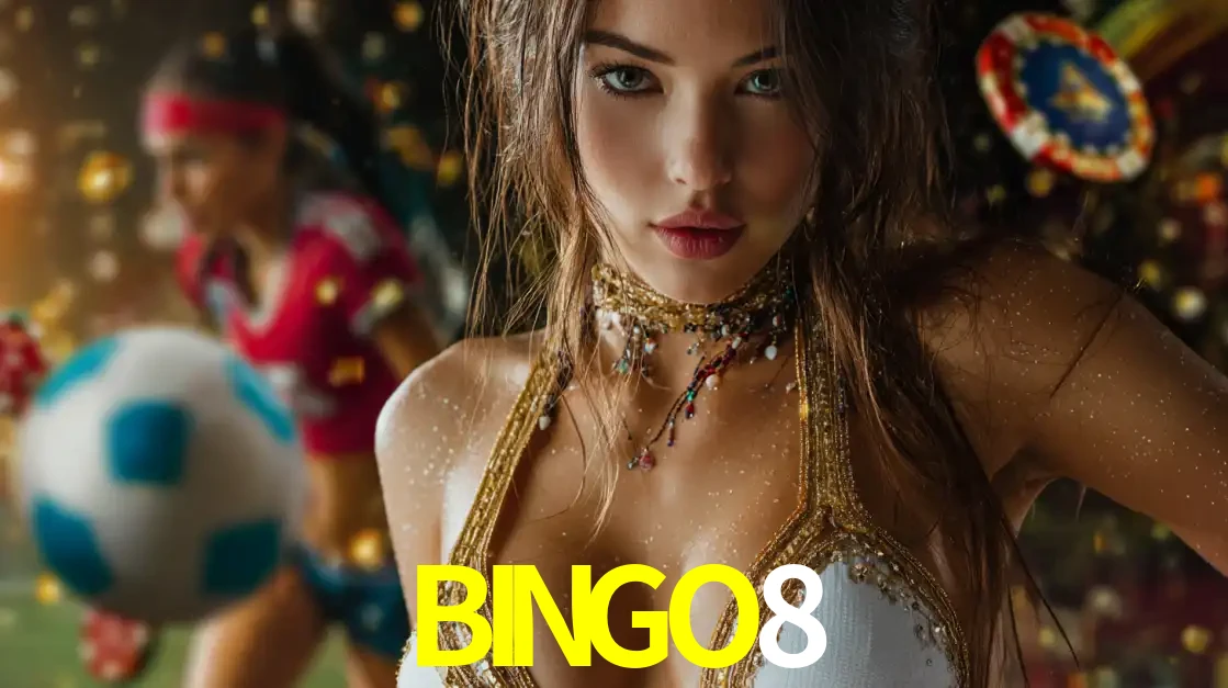 Mulher elegante representando a combinação de glamour e emoção das apostas esportivas, com uma jogadora de futebol ao fundo, destacando a ação no BINGO8.