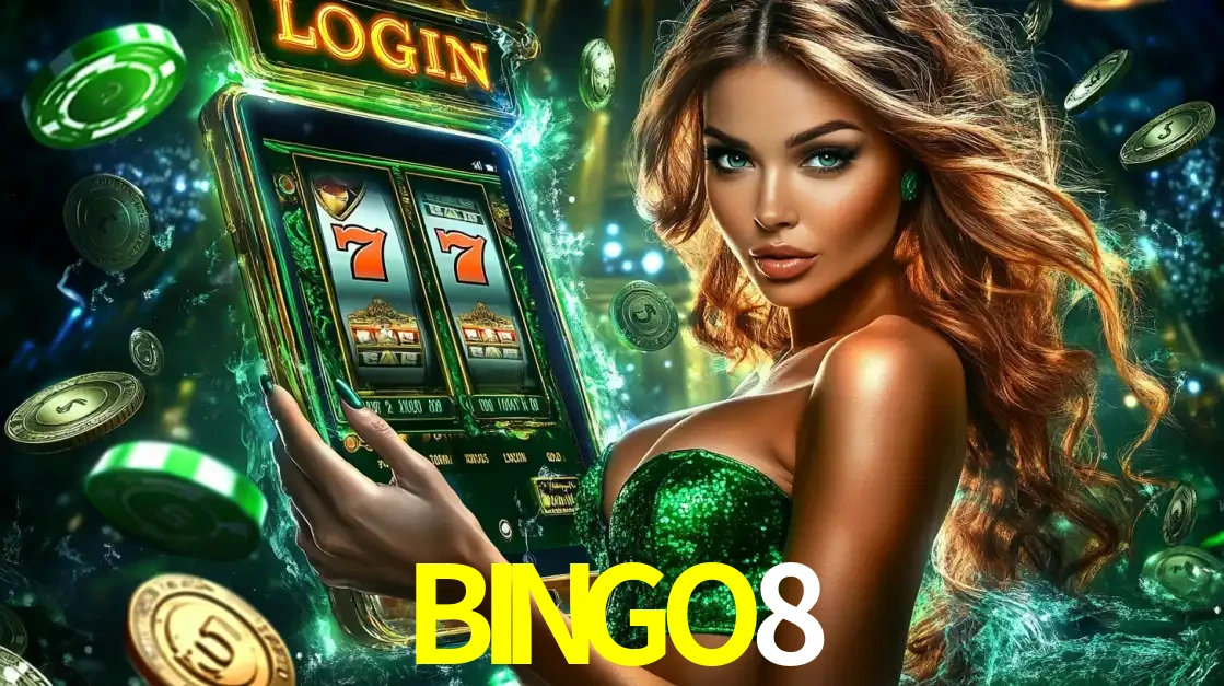 Mulher com tema verde apresentando o aplicativo do cassino BINGO8 com um jogo de slot de 777, cercada por fichas de cassino e uma aura de sorte.
