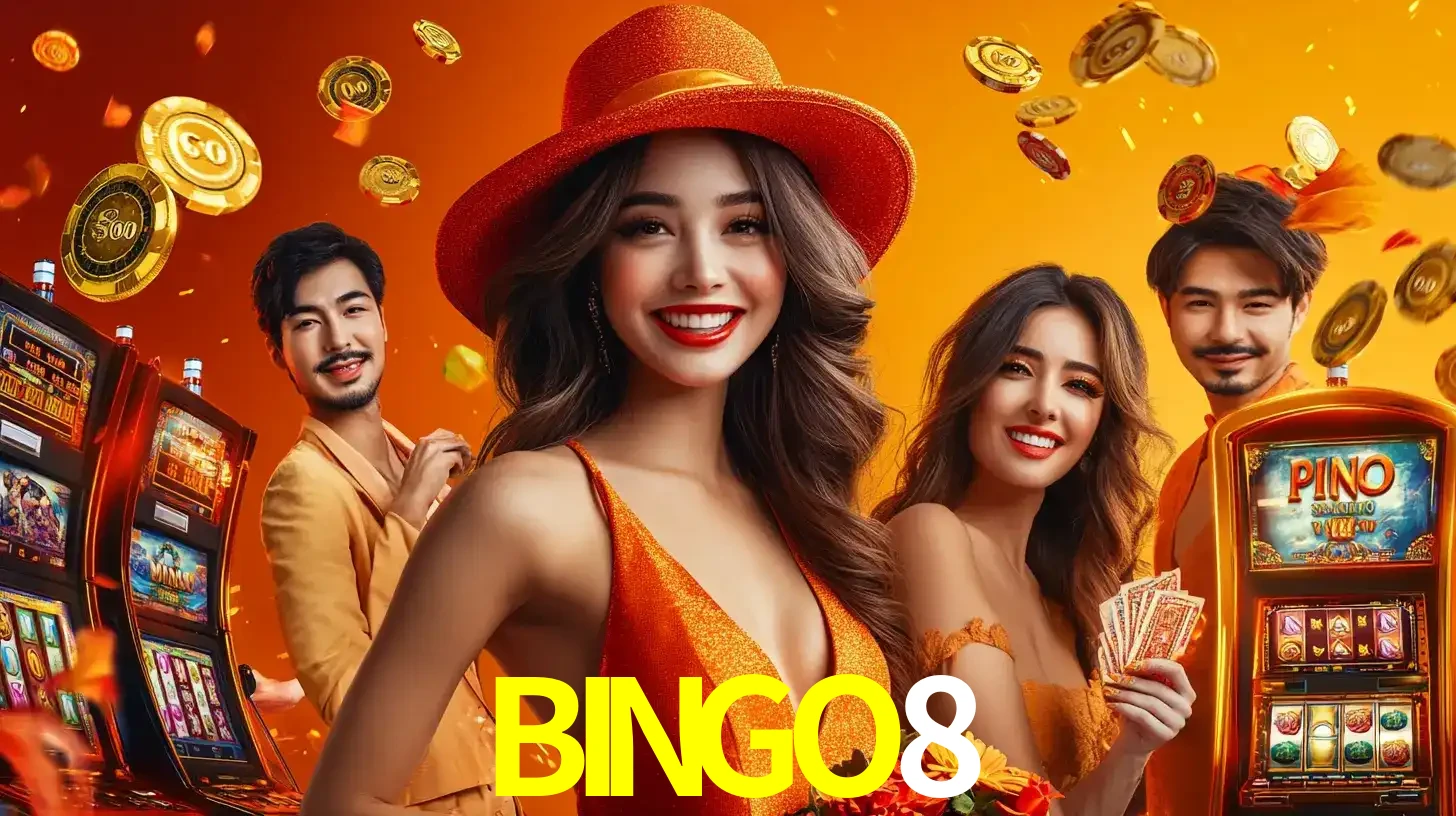 Grupo de amigos asiáticos sorrindo e se divertindo com máquinas de caça-níqueis em um ambiente festivo, celebrando suas vitórias nos jogos de cassino do BINGO8.