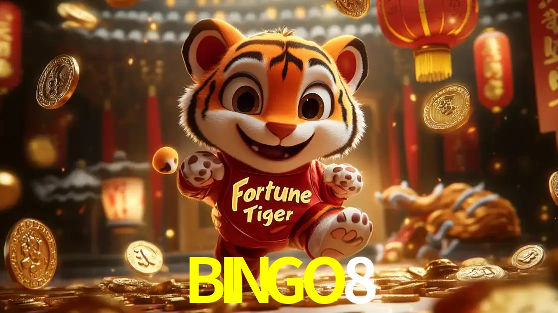 O alegre personagem do Fortune Tiger correndo sobre um caminho de moedas de ouro, simbolizando os grandes prêmios e a diversão do popular jogo de slot do BINGO8.