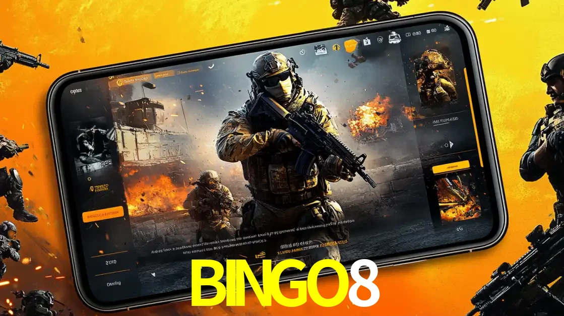 Um smartphone exibindo a interface de um jogo de tiro em primeira pessoa, com um soldado em um cenário de batalha, representando a ação dos e-sports para apostar no BINGO8.