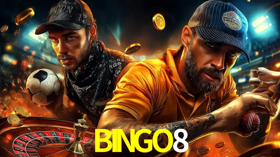 Montagem de apostas esportivas e cassino no BINGO8, com um homem segurando uma bola de futebol e outro uma de beisebol sobre uma roleta e moedas voadoras.