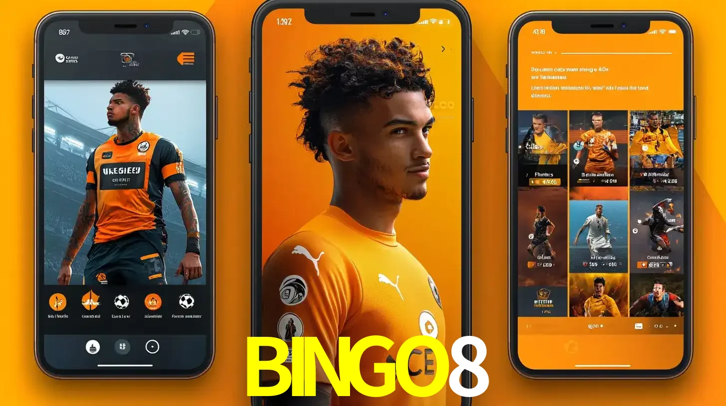 Interface do aplicativo de apostas esportivas BINGO8 em três telas de celular, mostrando o perfil de um jogador de futebol e a lista de jogos disponíveis para apostar.