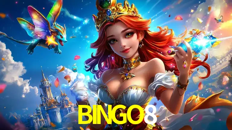A princesa de um reino de fantasia mágico, com seu pequeno dragão, apresentando um mundo de prêmios encantados nos jogos de caça-níqueis do cassino BINGO8.