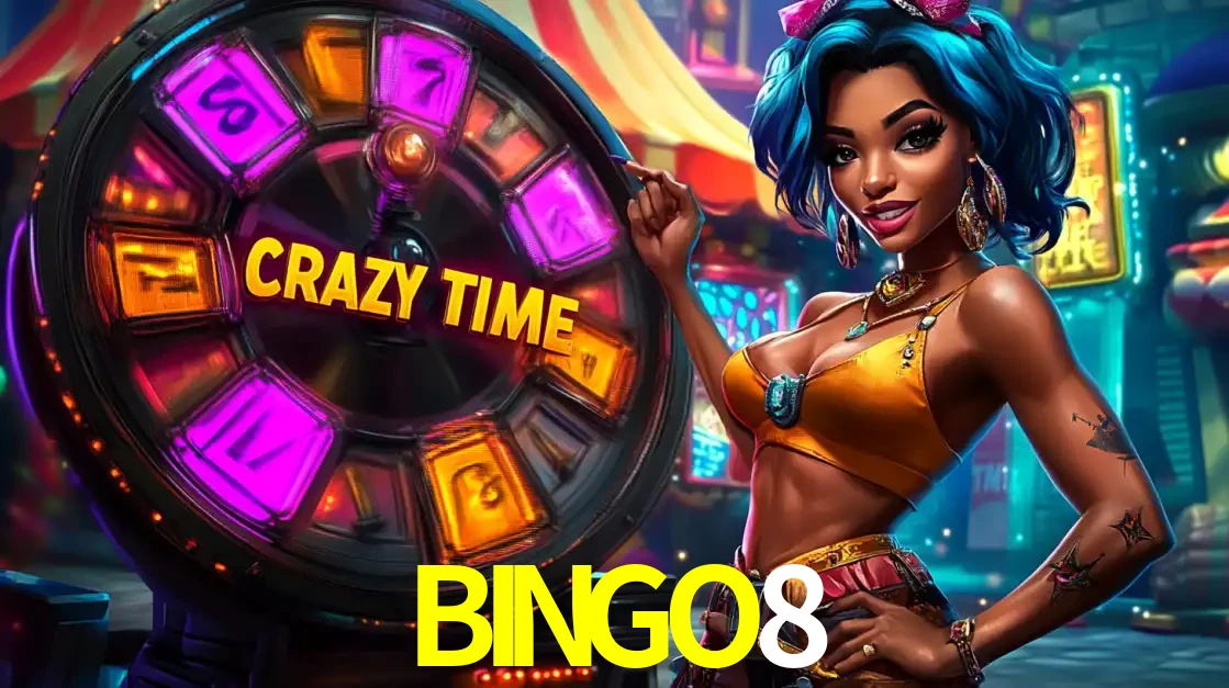 Mulher estilizada com cabelo azul e visual vibrante posando ao lado da roda de prêmios do game show Crazy Time, convidando para a diversão e os bônus do cassino BINGO8.