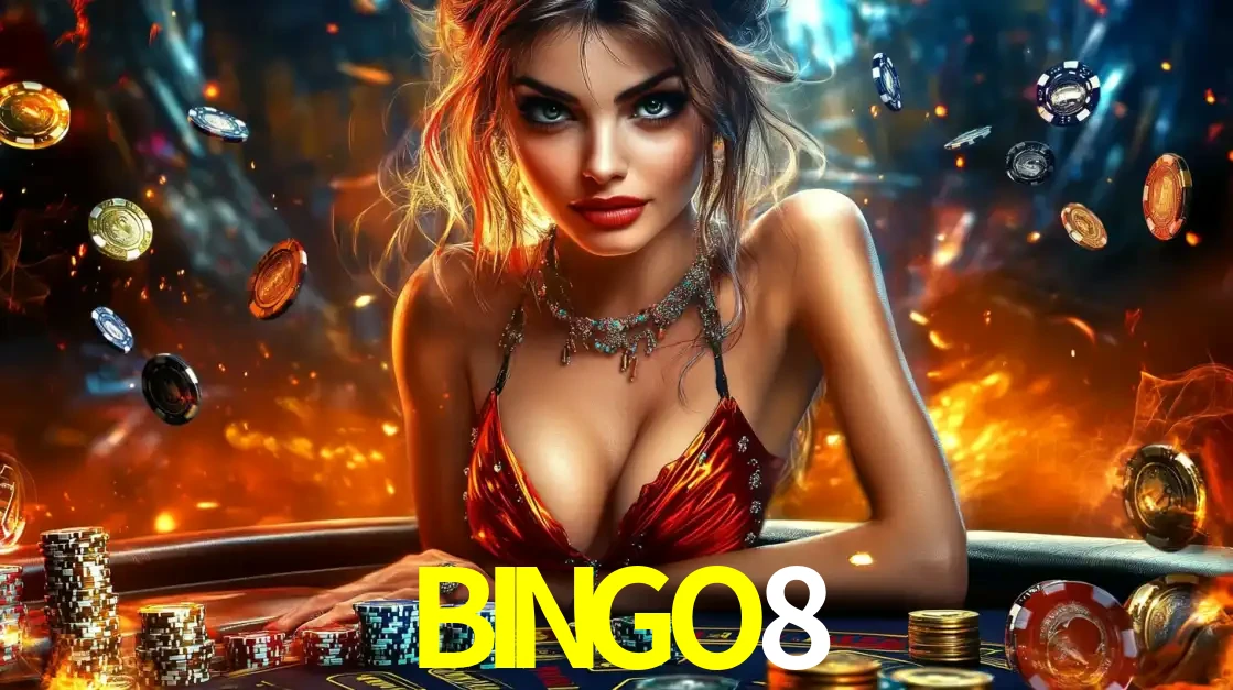 Mulher em uma mesa de cassino com pilhas de fichas e um fundo de fogo, pronta para uma rodada de altas apostas nos jogos de mesa emocionantes do cassino BINGO8.