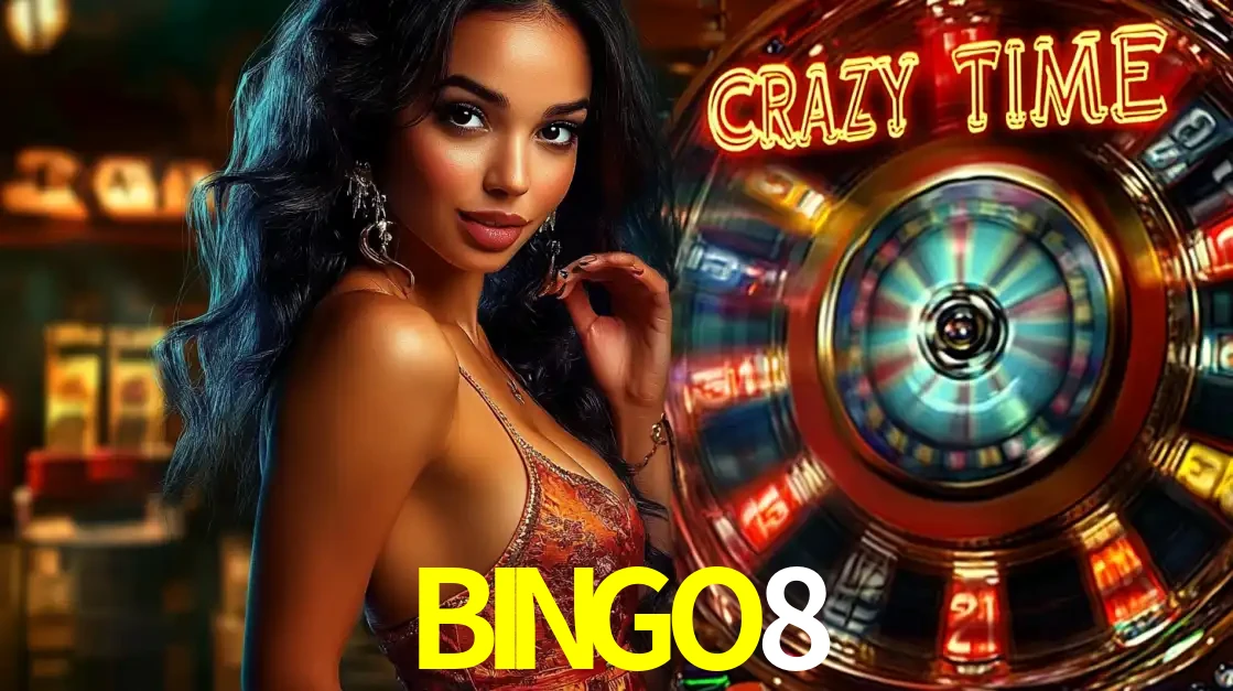 Mulher elegante ao lado da vibrante roda da fortuna do jogo de cassino ao vivo Crazy Time, um dos game shows mais populares e cheios de prêmios do BINGO8.