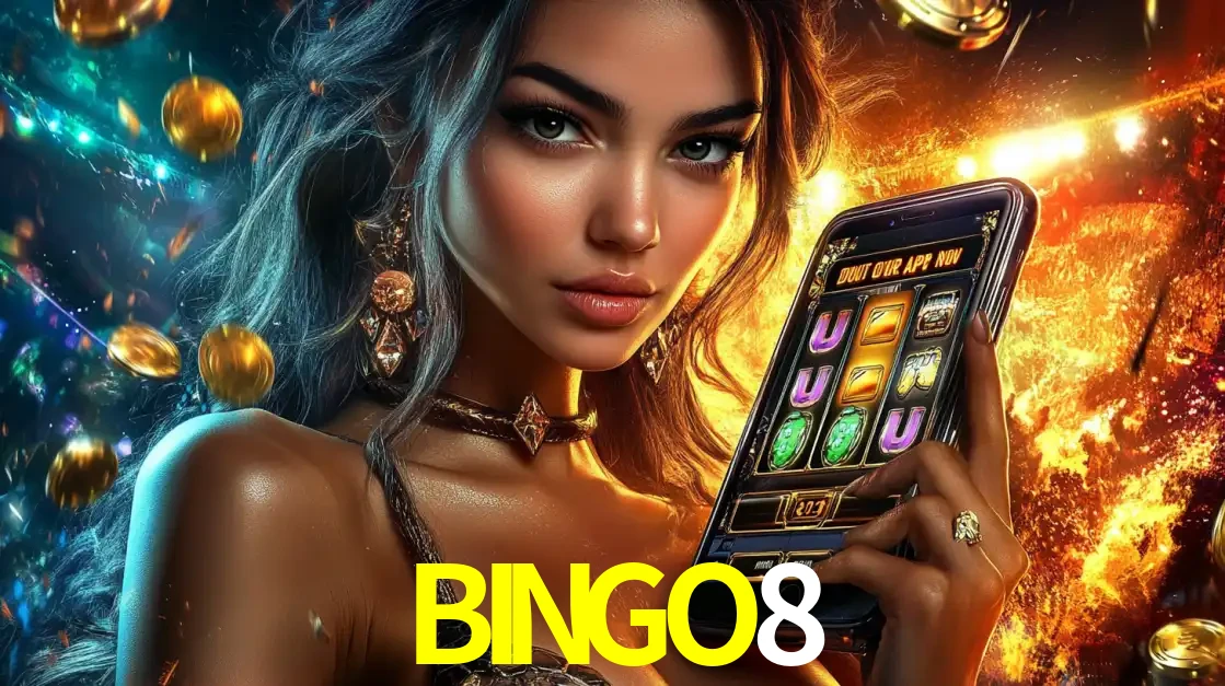 Mulher elegante mostrando um jogo de caça-níqueis em seu smartphone, destacando a experiência de cassino móvel oferecida pelo aplicativo BINGO8.