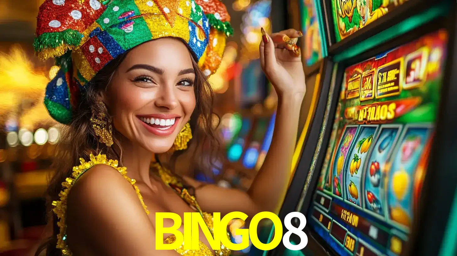 Mulher feliz com traje de carnaval amarelo e colorido ao lado de uma máquina de caça-níqueis, aproveitando a diversão e os jogos temáticos do cassino BINGO8.