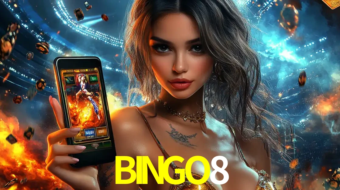 Mulher segurando um celular com um jogo de slot em destaque, tendo como fundo um estádio vibrante, simbolizando a emoção de jogar no cassino móvel BINGO8.