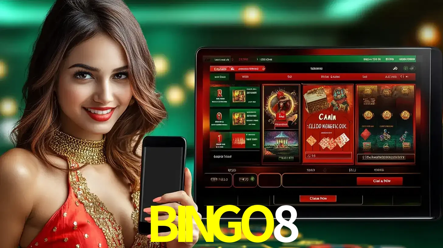 Mulher sorridente segurando um smartphone, ao lado de uma tela exibindo o lobby de jogos do cassino online BINGO8, com várias opções de jogos de cartas e slots.