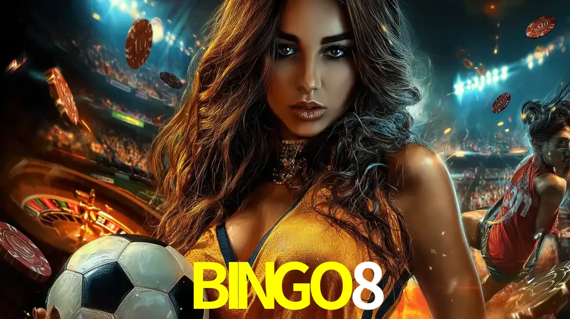 Mulher segurando uma bola de futebol em uma montagem que mistura a paixão esportiva com a emoção da roleta de cassino, tudo disponível na plataforma BINGO8.